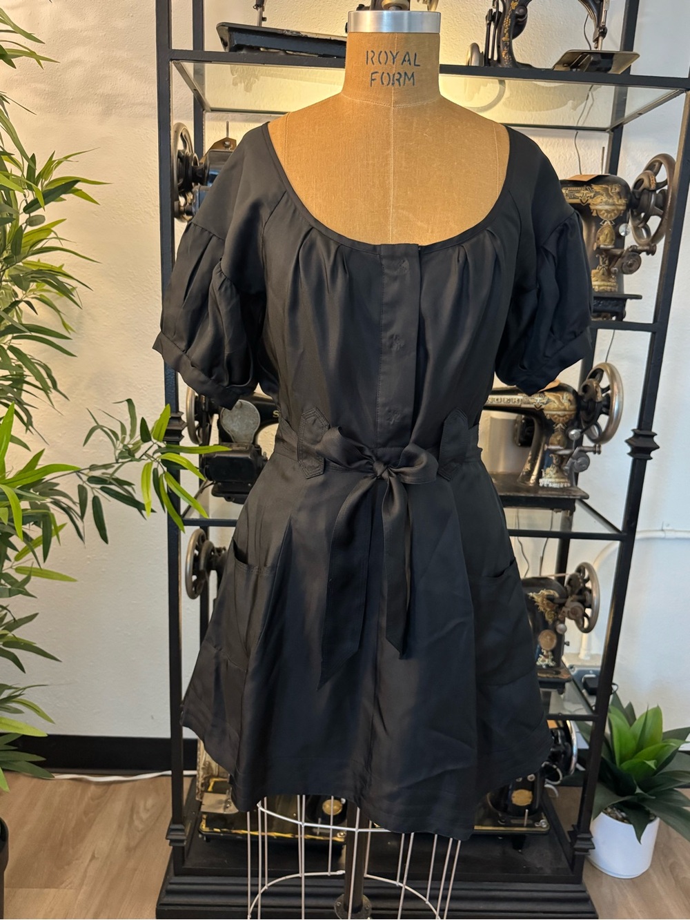 bebe Black Puff-Sleeve Mini Dress with Waist Tie